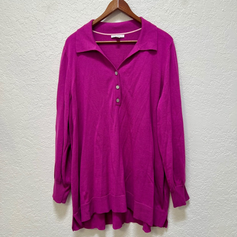 Isaac Mizrahi Live Magenta Pink Polo Tunic Sweater Rhinestone Buttons Womens 2X